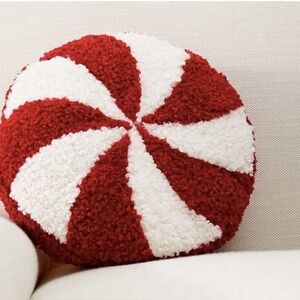 Pottery Barn Cozy Teddy Peppermint Shaped Pillow Red Christmas NEW